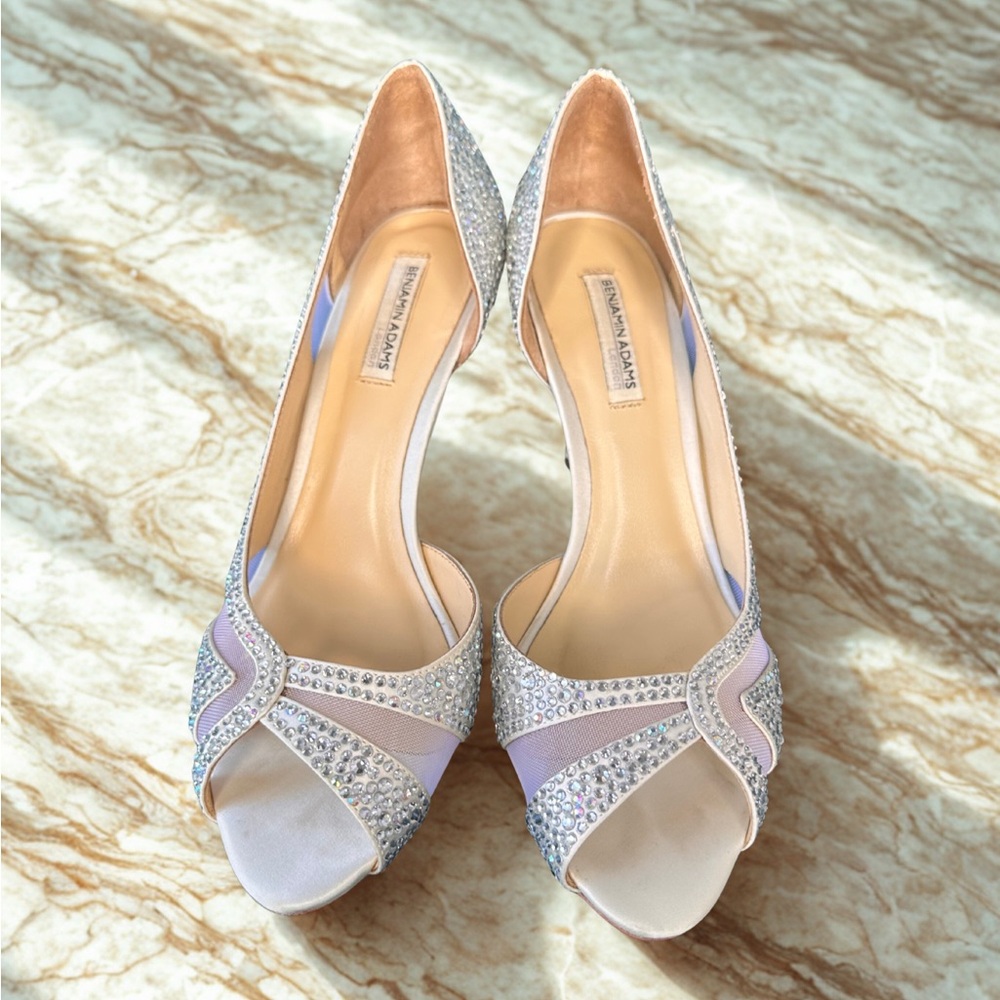 Elegant Silver Peep-Toe Heels with Crystal Accents 8.5